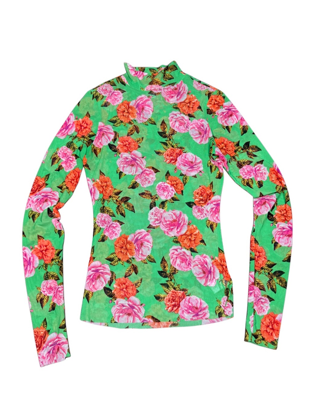 AFRM Bright Green Floral Mock-Neck Mesh Long Sleeve Top